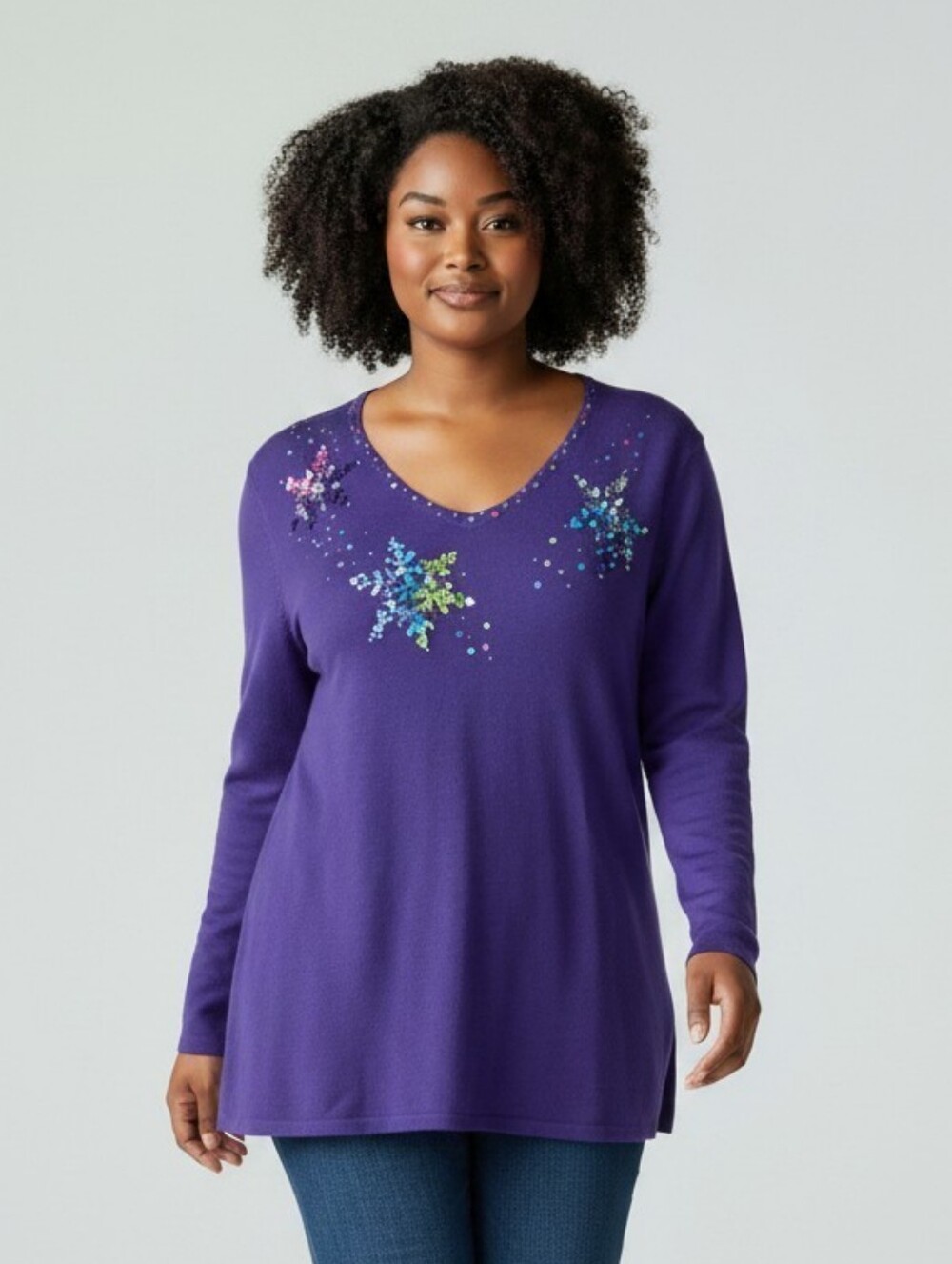 Quacker Factory Women’s Large Purple Snowflake Sequin V-Neck Pullover Sweater